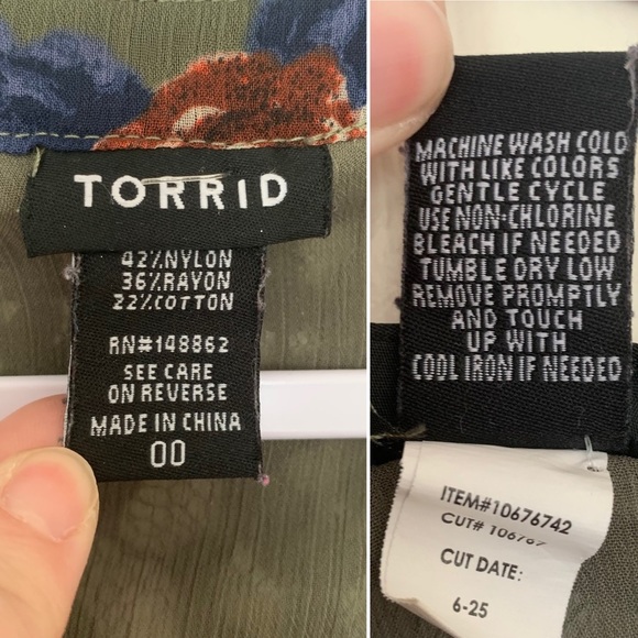 torrid Green Floral Print Chiffon Lace Inset Top Size M/L Boho Winter - Picture 10 of 10